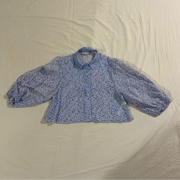 Zara Puff Sleeve Organza  Button
Down Blue floral see through Blouse S - Picture 2 of 7